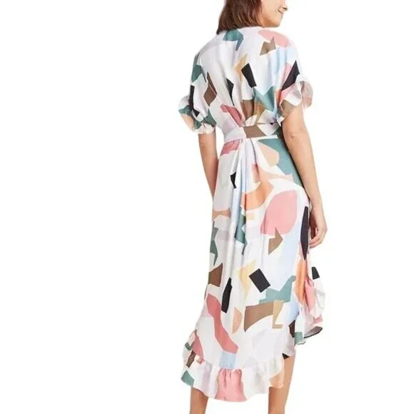 Anthro Corey Lynn Calter Soho Geometric Print Midi Ruffle Shirt Dress Size XS - Picture 2 of 9